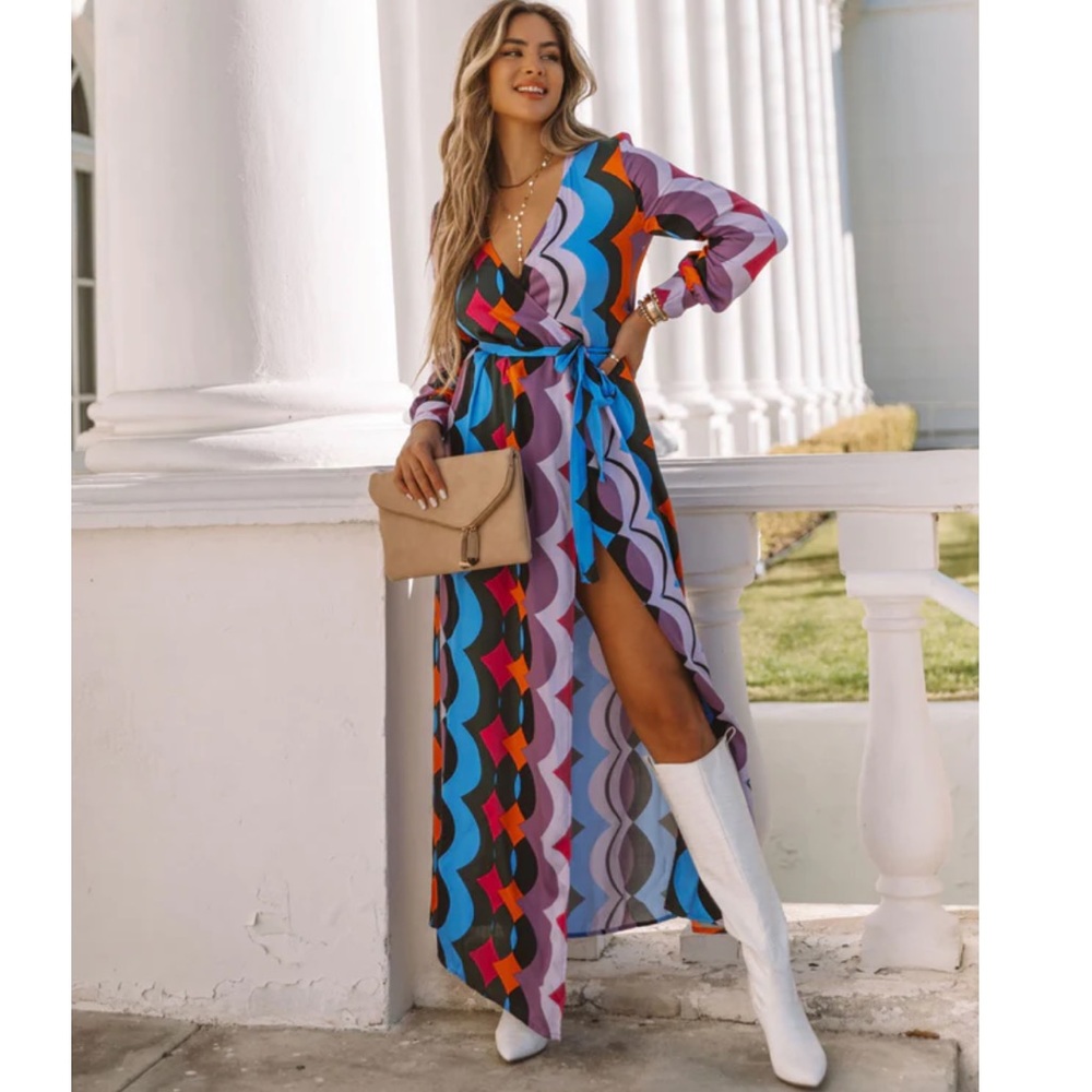 Vici Multicolor Wave Print Maxi Dress - Blue, Purple, Red, Pink